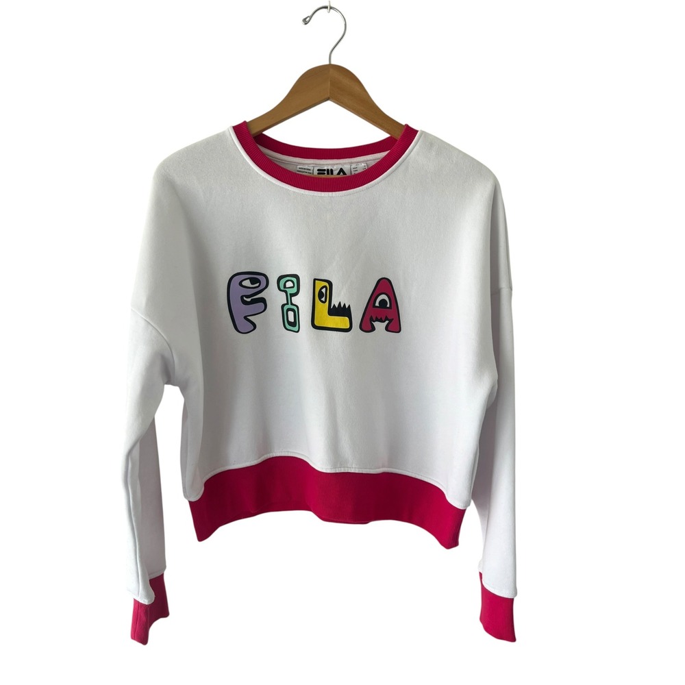 FILA Women's Sweatshirt Size L White Red Multicolor Logo Crewneck Retro